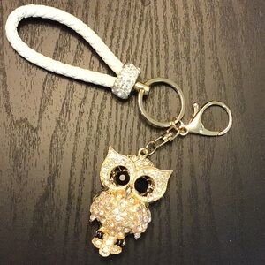 Gold and White Owl Key Holder with Rhinestone‎ Accents